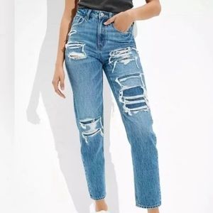 American Eagle 8 reg mom straight jeans plaid patch distressed baggy fit lk new